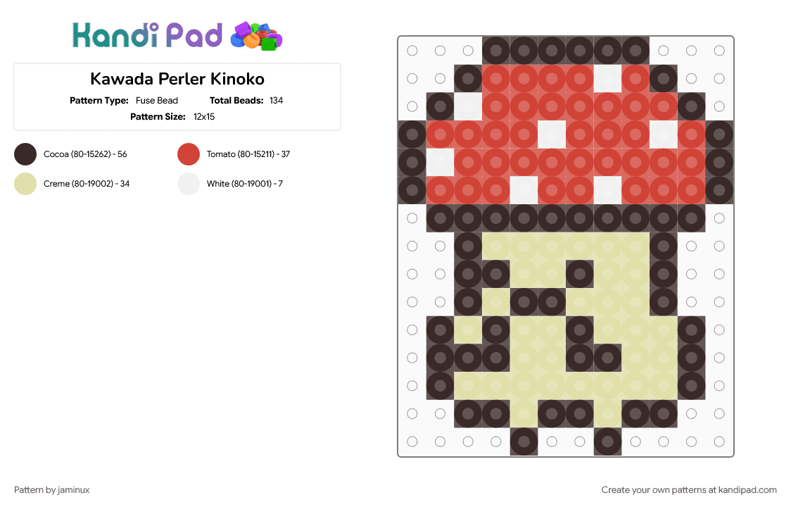 Kawada Perler Kinoko - Fuse Bead Pattern by jaminux on Kandi Pad - brown, character, fuse bead, kawaii, mushroom, red, san x, small, sumikko gurashi
