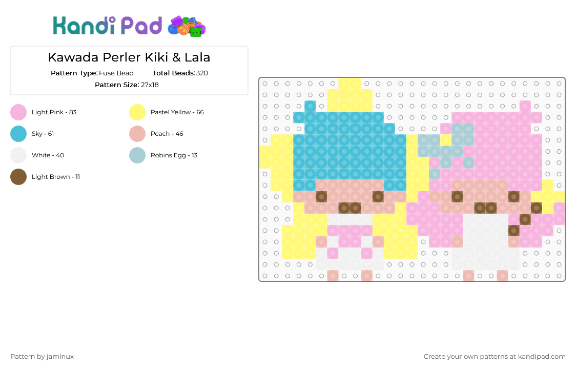 Kawada Perler Kiki & Lala - Fuse Bead Pattern by jaminux on Kandi Pad - yellow,light blue,pink,sanrio,small,pastel,little twin stars,angel,blue