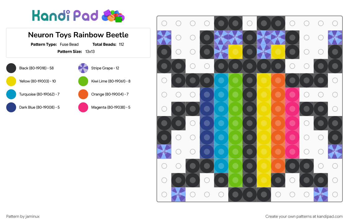 Neuron Toys Rainbow Beetle - Fuse Bead Pattern by jaminux on Kandi Pad - animal, black, colorful, fuse beads, green, insect, nature, orange, perler, purple, small, stripe beads