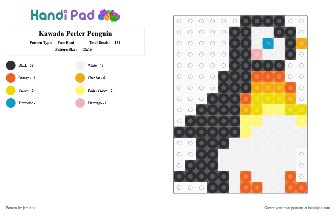 Kawada Perler Penguin - Fuse Bead Pattern by jaminux on Kandi Pad - white,orange,yellow,small,bird