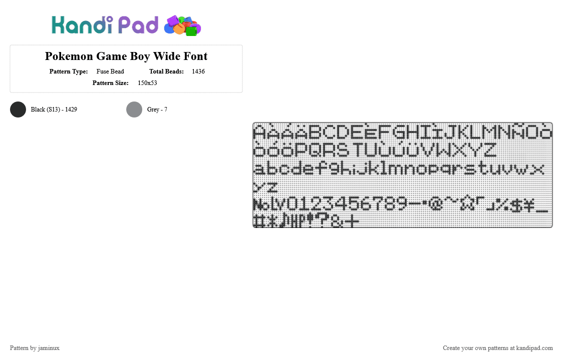 Pokemon Game Boy Wide Font - Fuse Bead Pattern by jaminux on Kandi Pad - black,letters,numbers,symbols,words