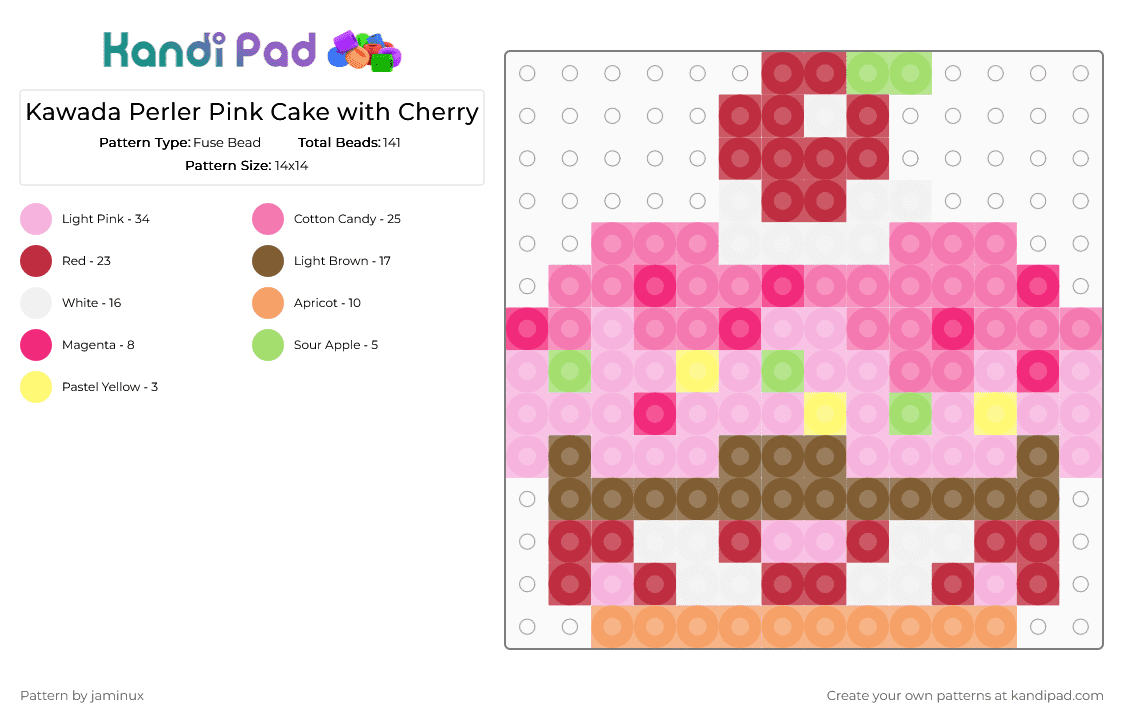 Kawada Perler Pink Cake with Cherry - Fuse Bead Pattern by jaminux on Kandi Pad - pink,red,small,bird