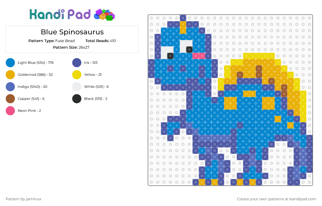 Blue Spinosaurus - Fuse Bead Pattern by jaminux on Kandi Pad - purple,blue,dino,dinos,dinosaur