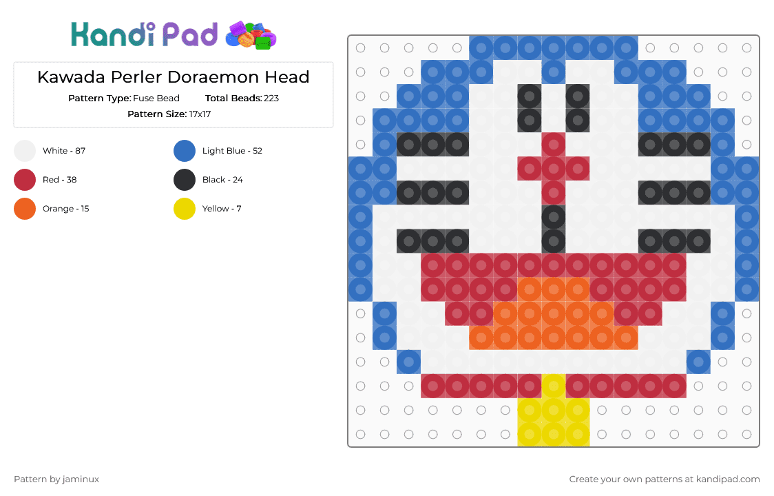 Kawada Perler Doraemon Head - Fuse Bead Pattern by jaminux on Kandi Pad - blue,red,small,kawaii,cute,anime