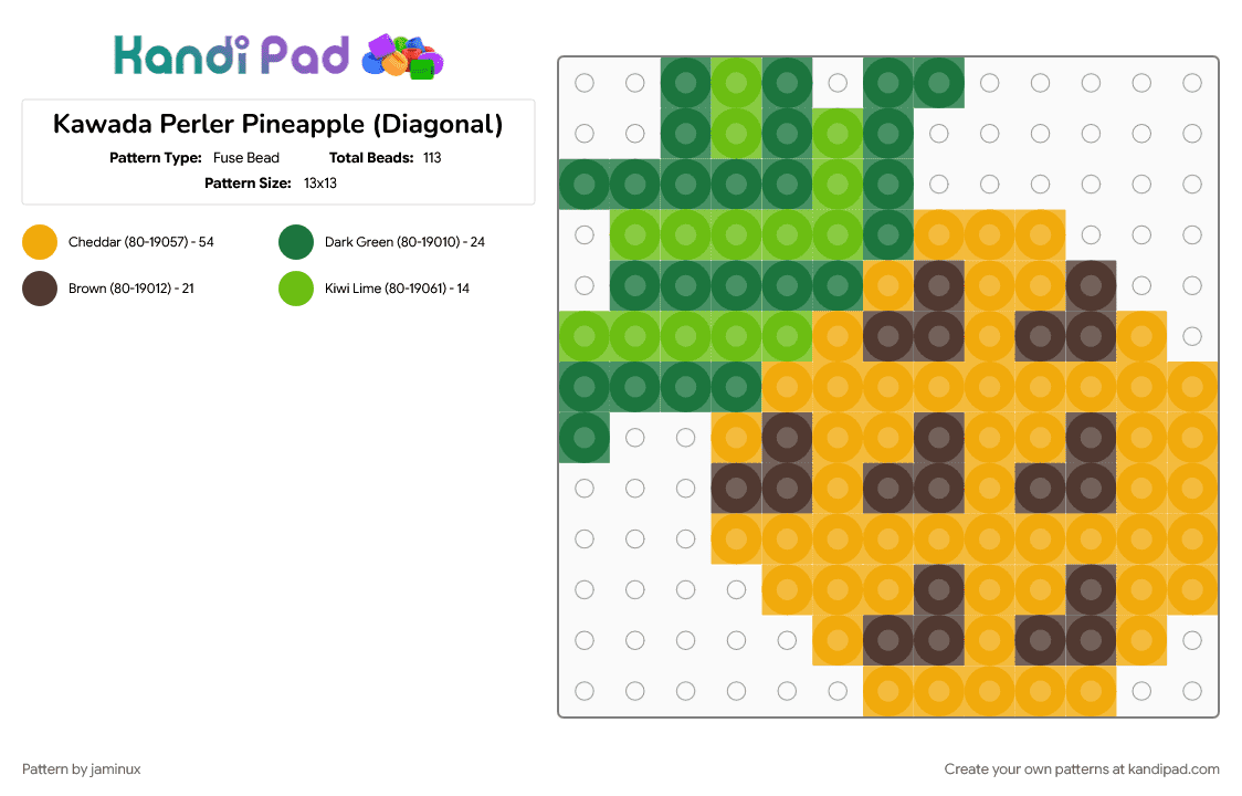 Kawada Perler Pineapple (Diagonal) - Fuse Bead Pattern by jaminux on Kandi Pad - easy, food, fruit, fuse beads, green, orange, small