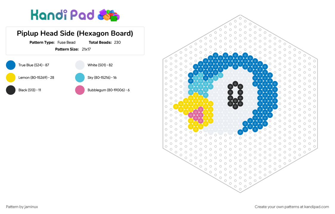 Piplup Head Side (Hexagon Board) - Fuse Bead Pattern by jaminux on Kandi Pad - blue, character, fuse bead, penguin, perler, pokemon, starter, video game