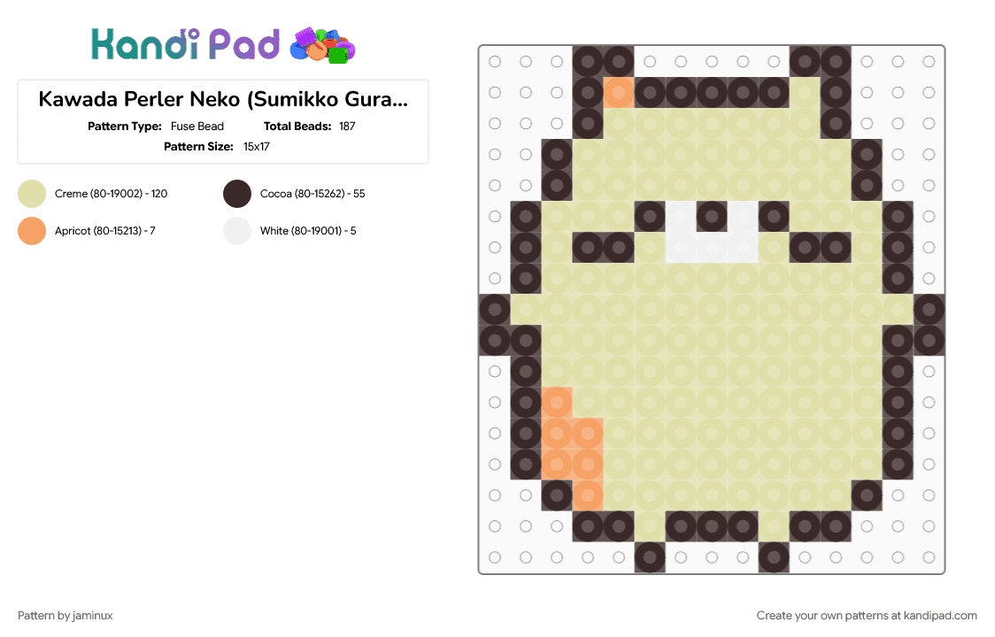 Kawada Perler Neko (Sumikko Gurashi) - Fuse Bead Pattern by jaminux on Kandi Pad - cat, character, fuse bead, kawaii, pastel, san x, small, yellow