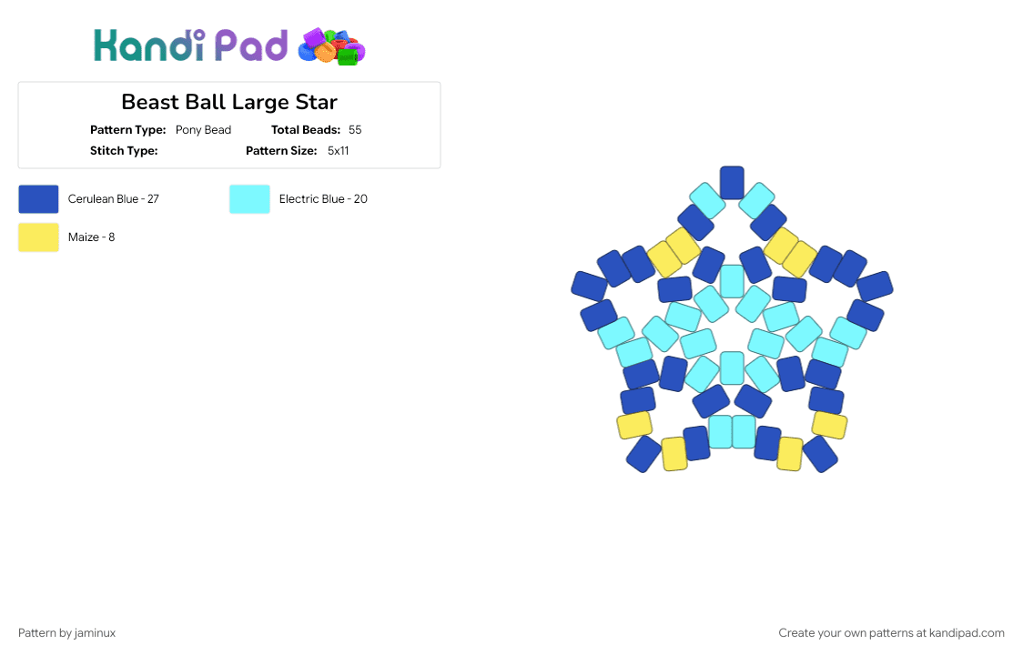Beast Ball Large Star - Pony Bead Pattern by jaminux on Kandi Pad - beginner, blue, easy, gaming, keychain, light blue, poke ball, pokemon, pony beads