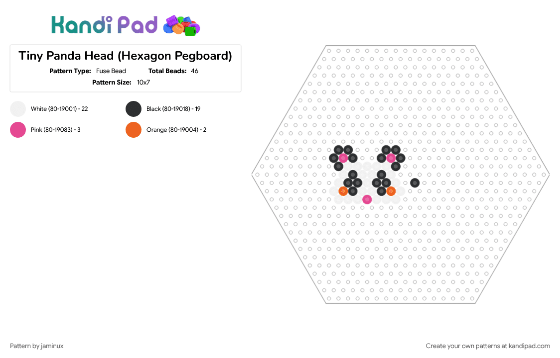 Tiny Panda Head (Hexagon Pegboard) - Fuse Bead Pattern by jaminux on Kandi Pad - animal, bear, cute, easy, fuse beads, nature, orange, perler, pink, small, white