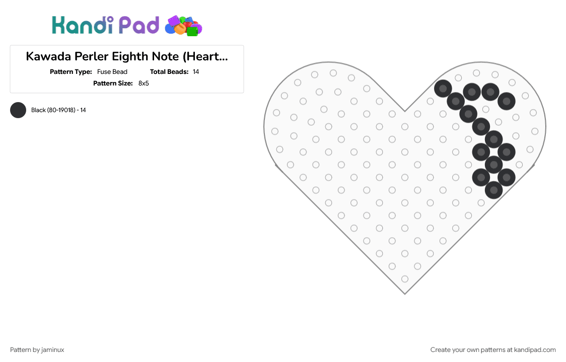 Kawada Perler Eighth Note (Heart Pegboard) - Fuse Bead Pattern by jaminux on Kandi Pad - black, music, music note, small, tiny
