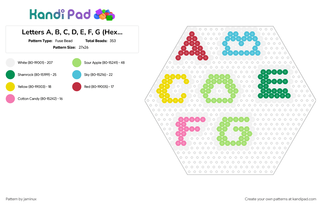 Letters A, B, C, D, E, F, G (Hexagon Board) - Fuse Bead Pattern by jaminux on Kandi Pad - alphabet, colorful, colourful, fuse beads, perler, simple, text, words
