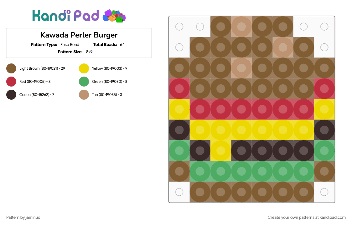 Kawada Perler Burger - Fuse Bead Pattern by jaminux on Kandi Pad - cheeseburger, easy, food, hamburger, small, tan