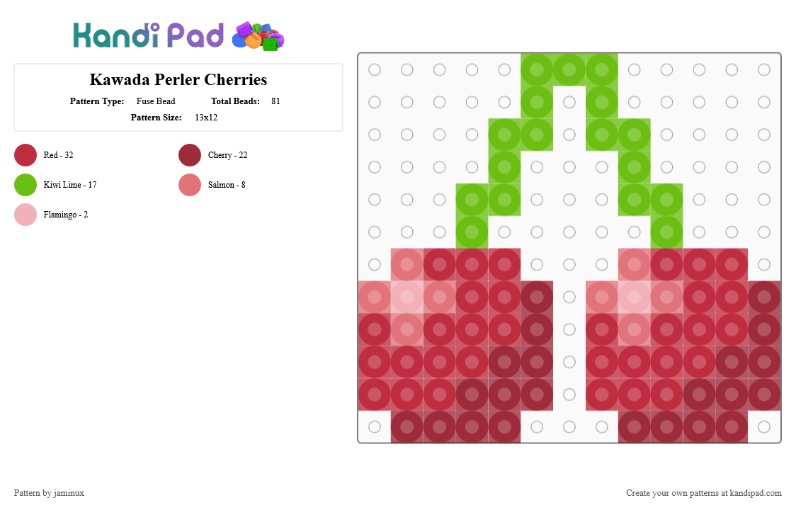 Kawada Perler Cherries - Fuse Bead Pattern by jaminux on Kandi Pad - red,cherry,fruit,food,small,cotdberries