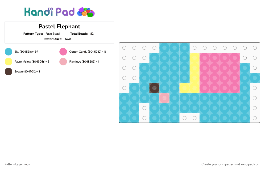 Pastel Elephant - Fuse Bead Pattern by jaminux on Kandi Pad - animal, blue, cute, easy, fuse beads, light blue, nature, perler, pink, small