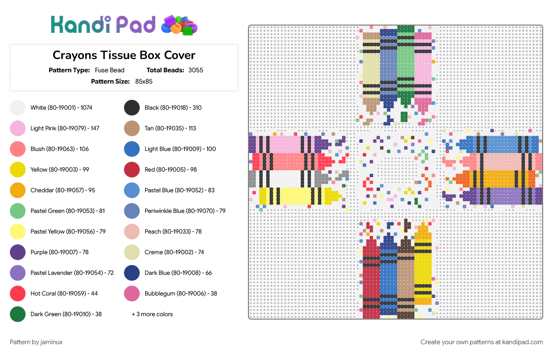 Perler Crayons Tissue Box Cover - Fuse Bead Pattern by jaminux on Kandi Pad - 3d, beige, blue, colorful, colourful, crayola, fuse beads, kidcore, red, school, white, yellow