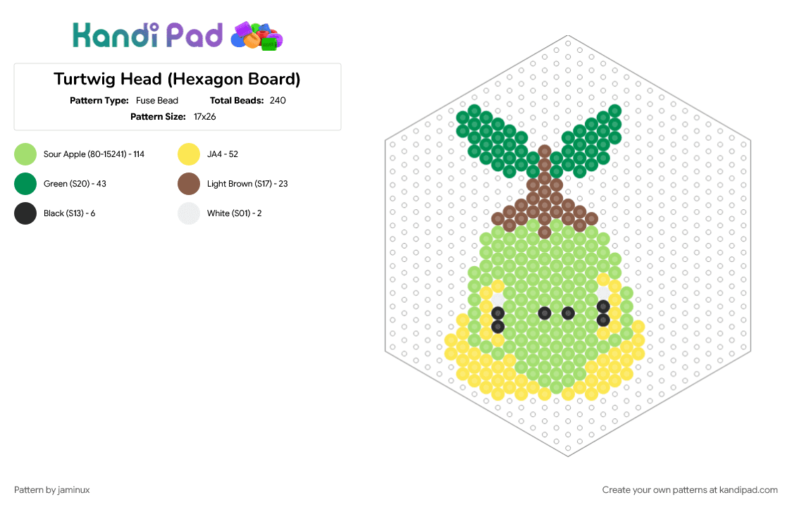 Turtwig Head (Hexagon Board) - Fuse Bead Pattern by jaminux on Kandi Pad - character, fuse bead, green, nintendo, perler, pokemon, starter, video game