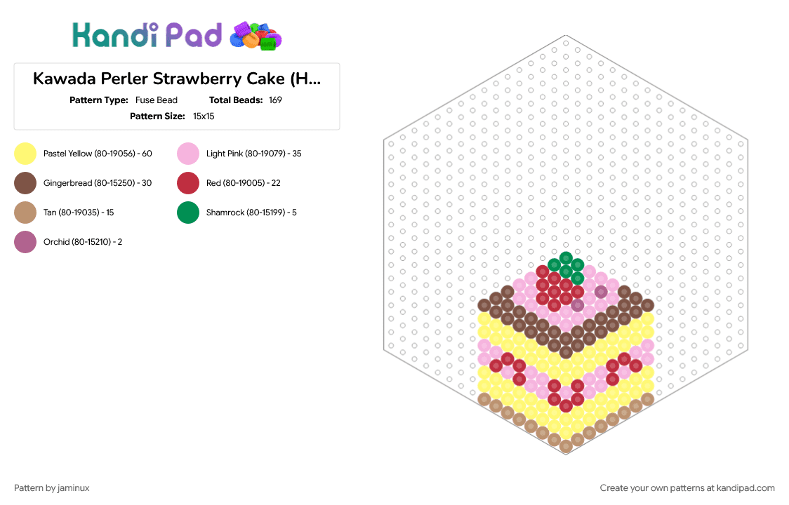 Kawada Perler Strawberry Cake (Hexagon Board) - Fuse Bead Pattern by jaminux on Kandi Pad - cute, dessert, food, fruit, pink, sweets, tan, yellow