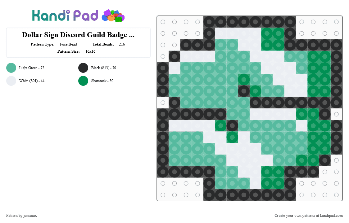 Dollar Sign Discord Guild Badge Icon - Fuse Bead Pattern by jaminux on Kandi Pad - teal,green,money