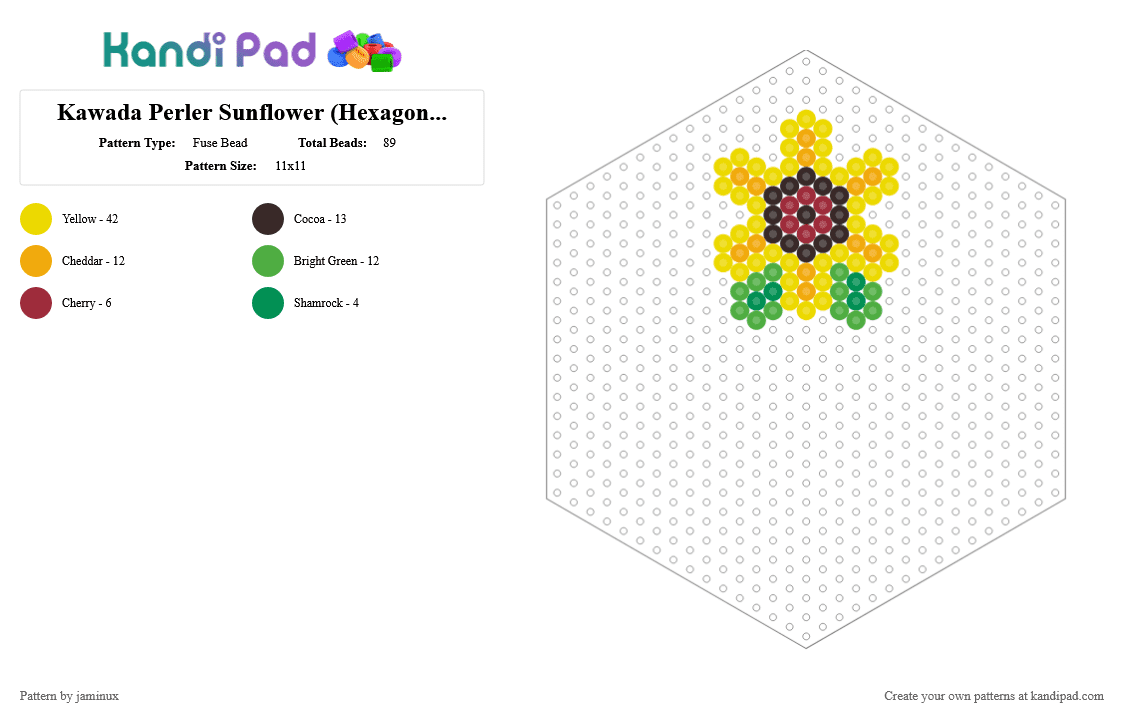 Kawada Perler Sunflower (Hexagon Board) - Fuse Bead Pattern by jaminux on Kandi Pad - yellow,small,flower,nature