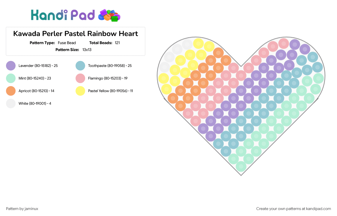 Kawada Perler Pastel Rainbow Heart - Fuse Bead Pattern by jaminux on Kandi Pad - cute, light blue, love, pink, stripes