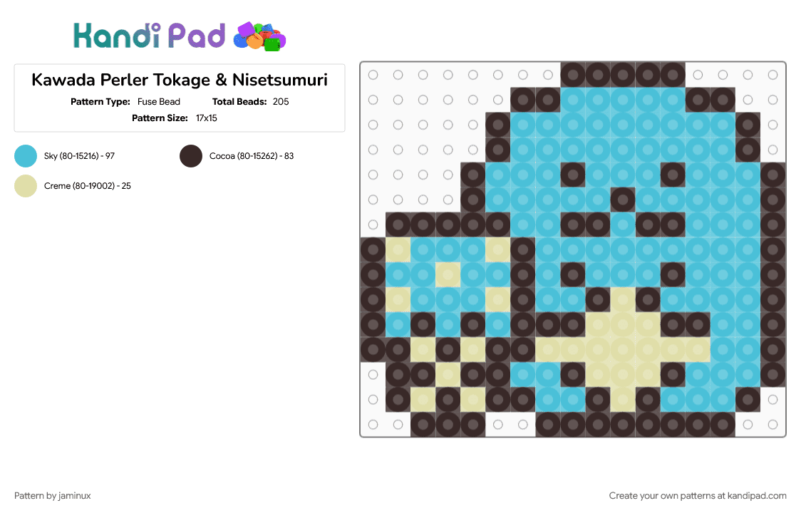Kawada Perler Tokage & Nisetsumuri - Fuse Bead Pattern by jaminux on Kandi Pad - blue, brown, character, fuse bead, kawaii, light blue, pastel, san x, small, sumikko gurashi