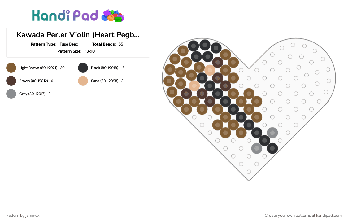 Kawada Perler Violin (Heart Pegboard) - Fuse Bead Pattern by jaminux on Kandi Pad - brown, instrument, music, small, tan, worlds smallest violin