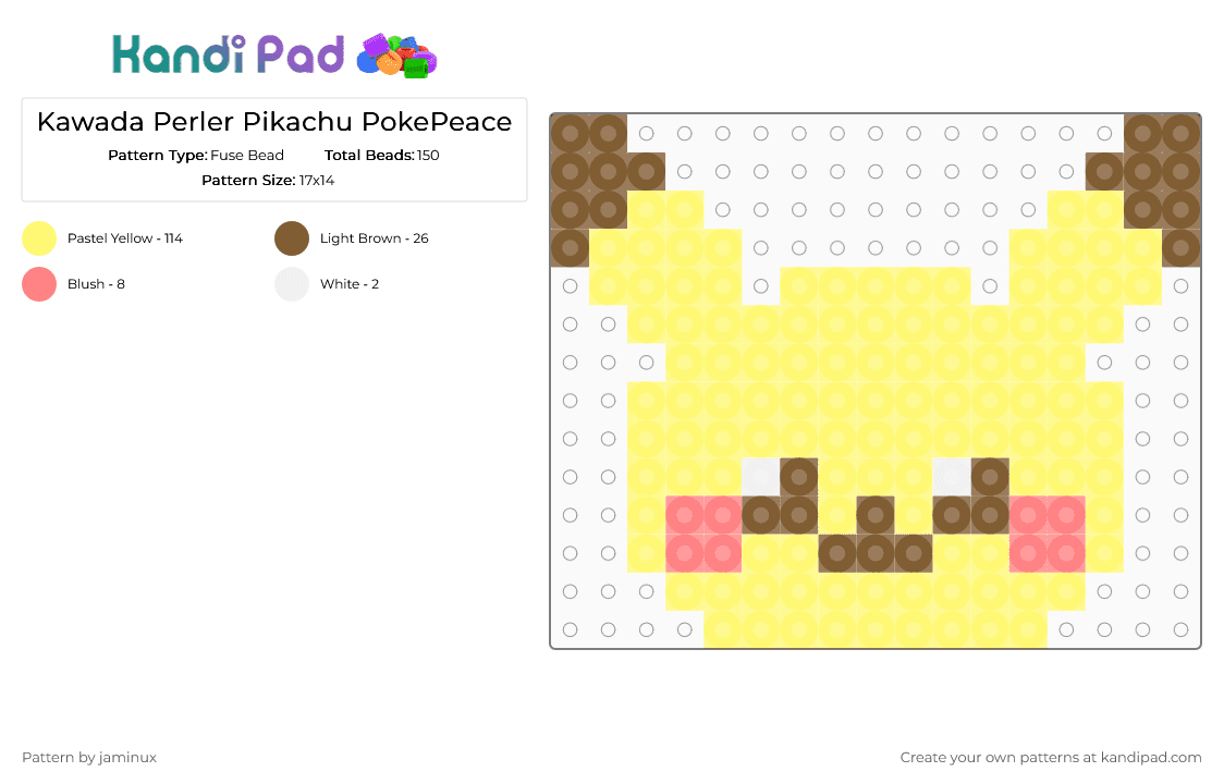 Kawada Perler Pikachu PokePeace - Fuse Bead Pattern by jaminux on Kandi Pad - yellow,pokemon,pkmn,small