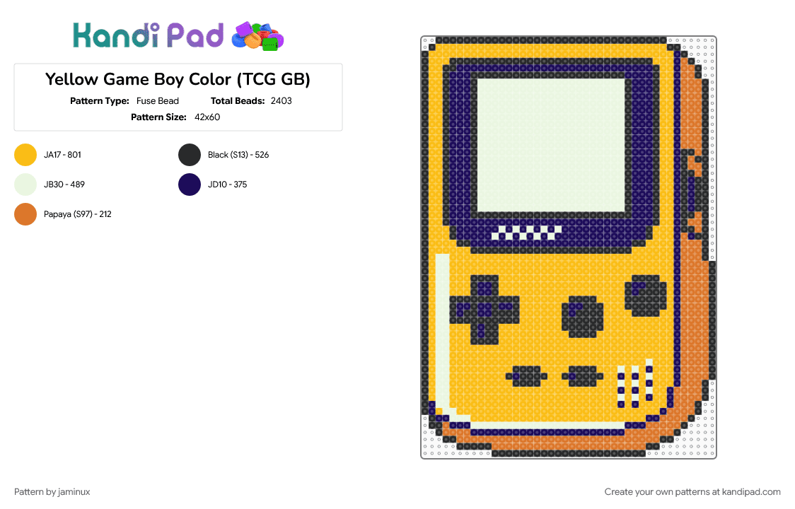 Yellow Game Boy Color (TCG GB) - Fuse Bead Pattern by jaminux on Kandi Pad - big, fuse beads, gaming, large, nintendo, perler, retro, video game, yellow