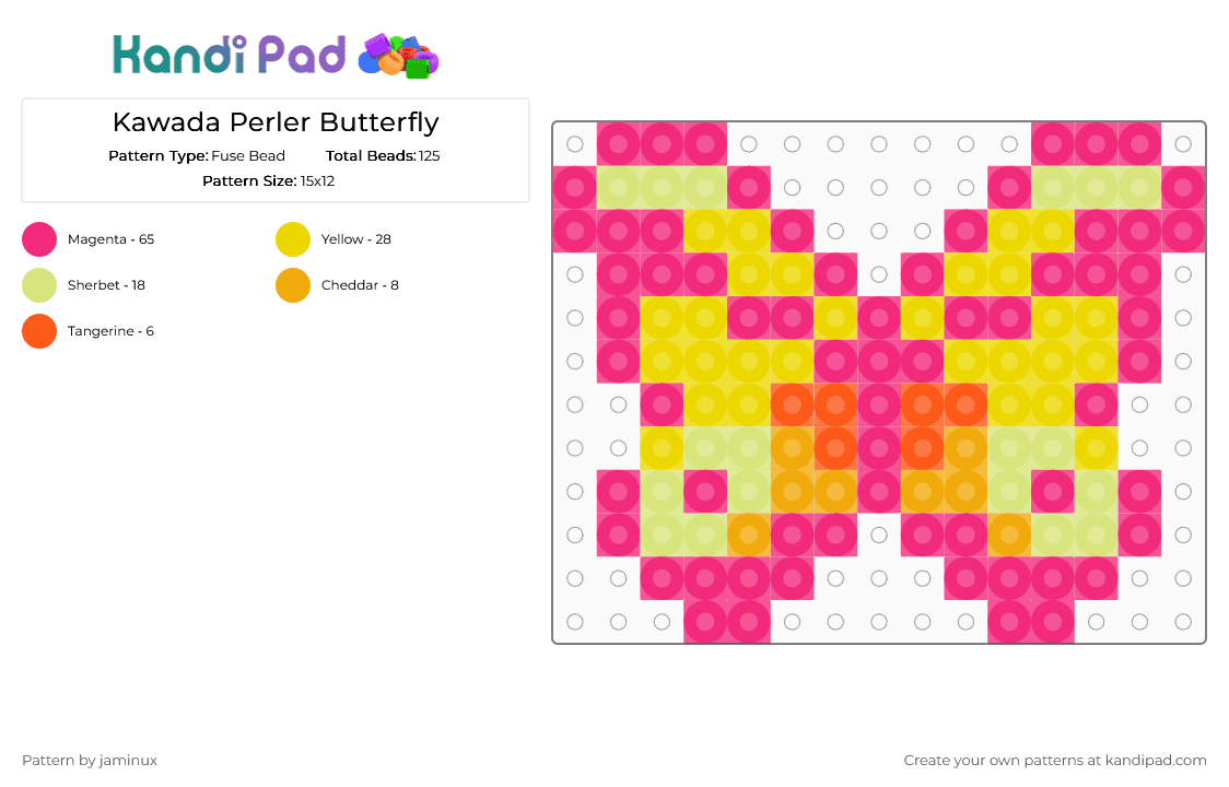 Kawada Perler Butterfly - Fuse Bead Pattern by jaminux on Kandi Pad - pink,yellow,insect,bug,nature,small