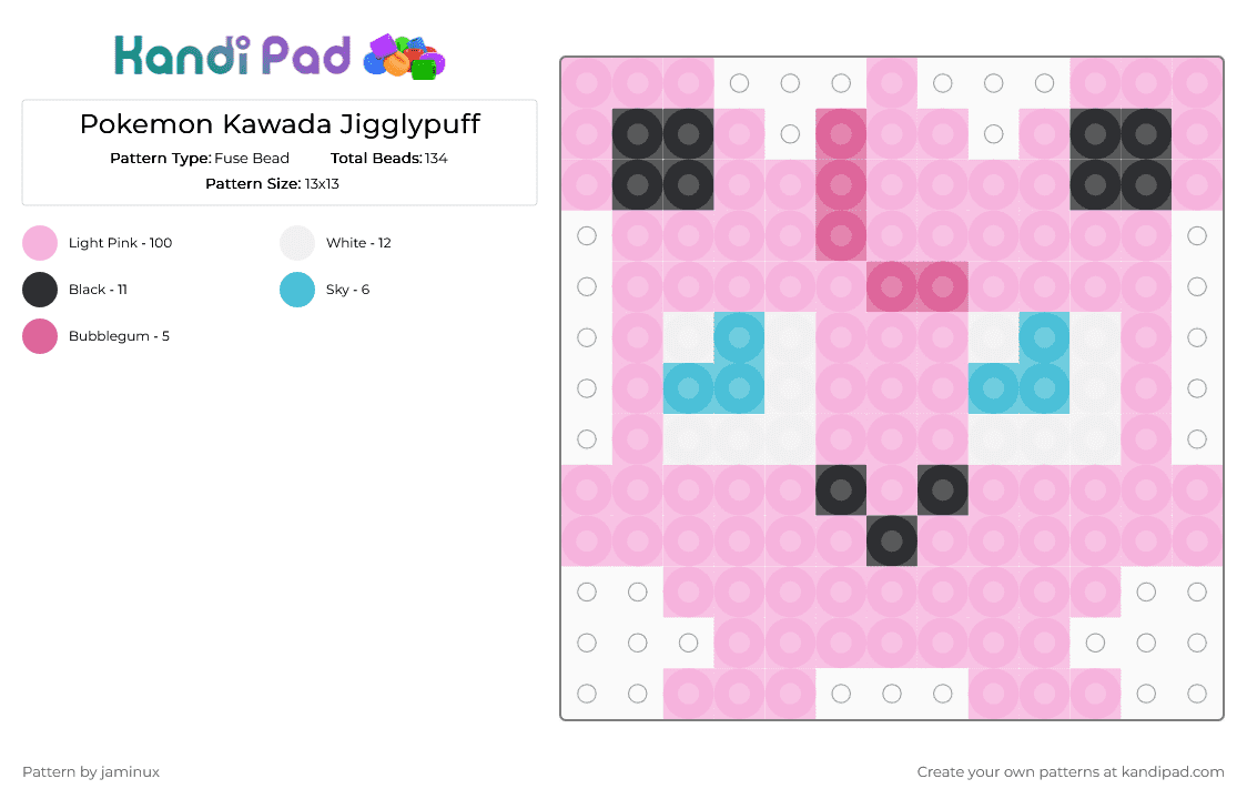Kawada Perler Jigglypuff - Fuse Bead Pattern by jaminux on Kandi Pad - pink,pokemon,pkmn,small