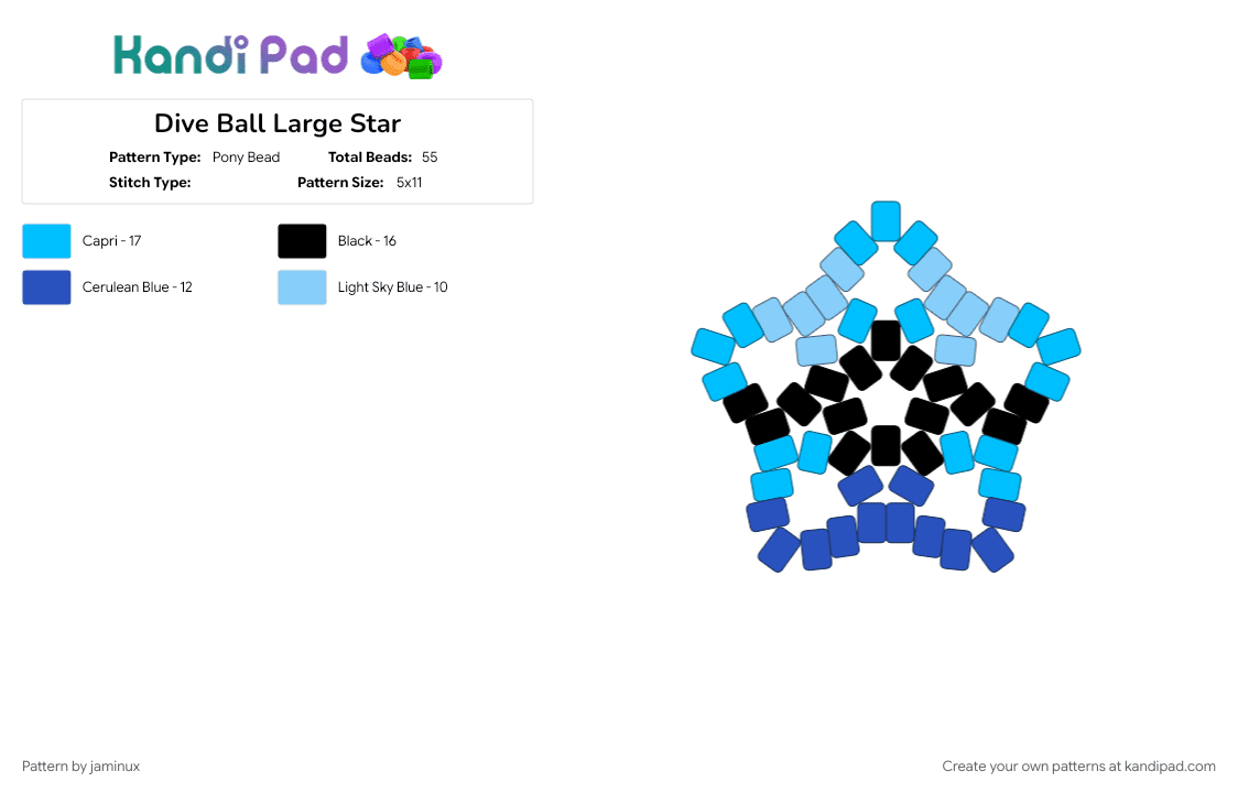 Dive Ball Large Star - Pony Bead Pattern by jaminux on Kandi Pad - beginner, blue, easy, gaming, keychain, light blue, poke ball, pokemon, pony beads
