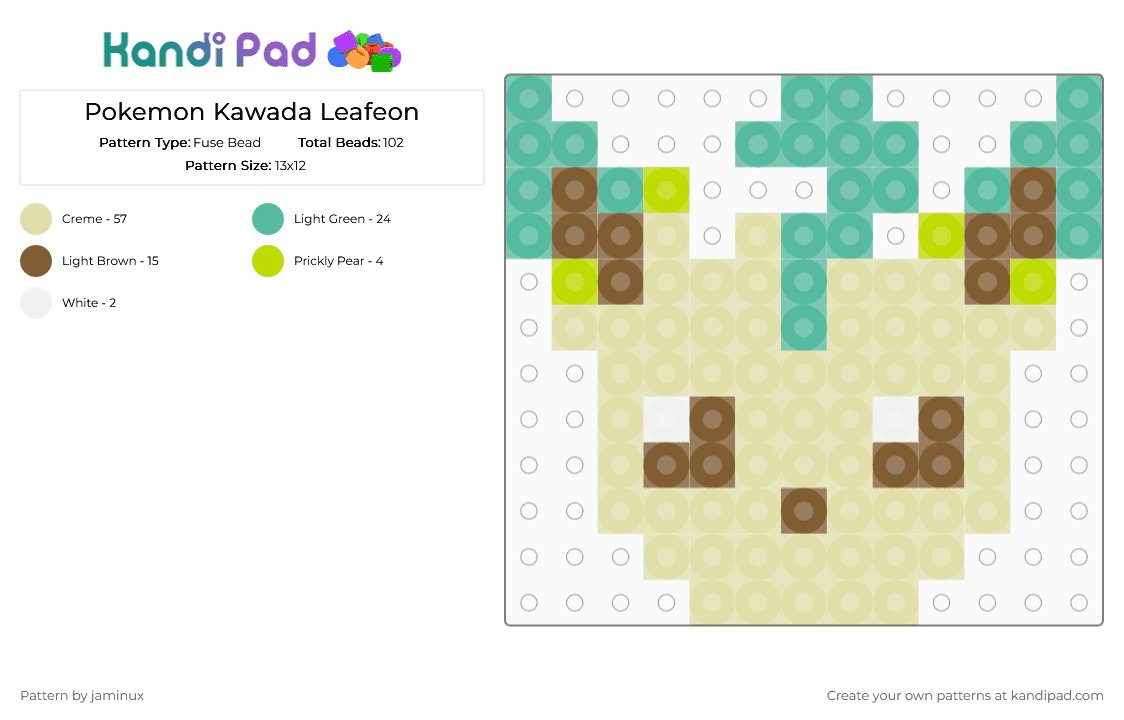 Kawada Perler Leafeon - Fuse Bead Pattern by jaminux on Kandi Pad - teal,yellow,pokemon,pkmn,small