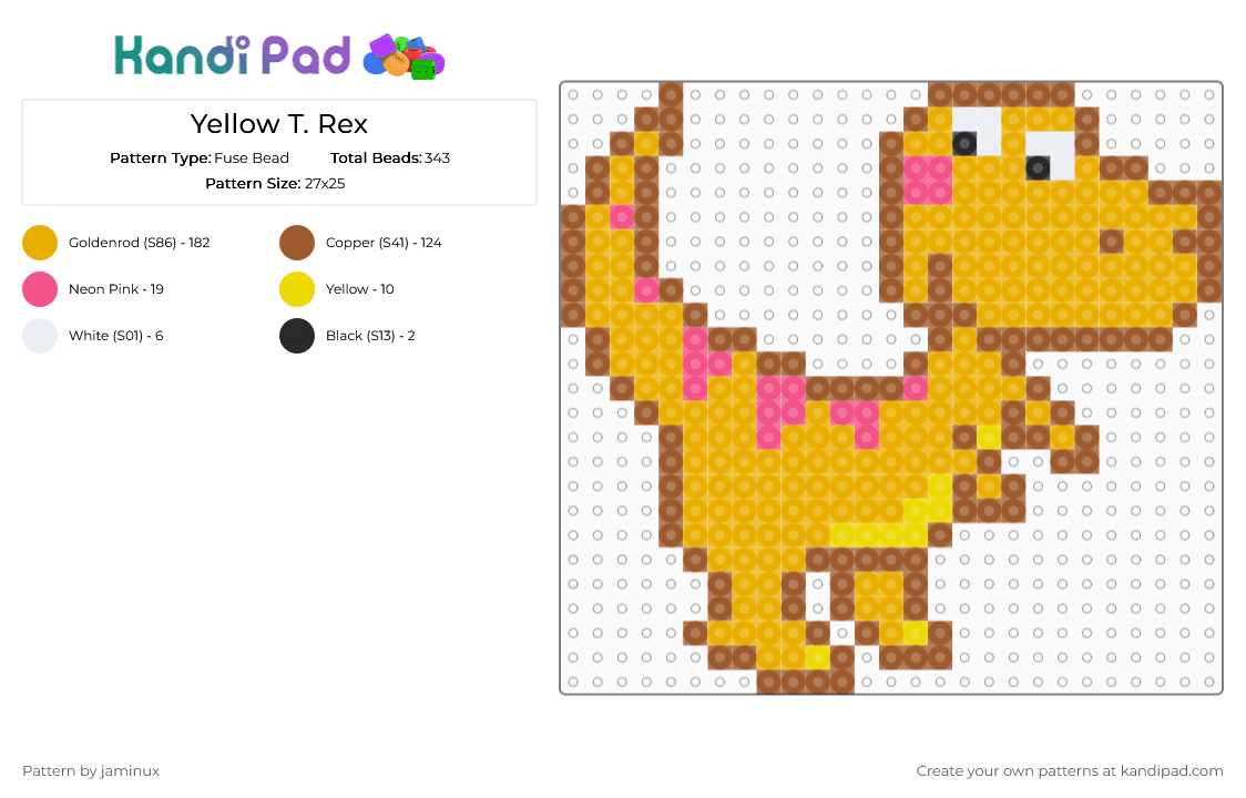 Yellow T. Rex - Fuse Bead Pattern by jaminux on Kandi Pad - tan,orange,dino,dinos,dinosaur