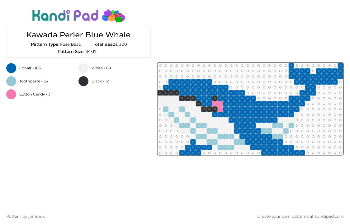 Kawada Perler Blue Whale - Fuse Bead Pattern by jaminux on Kandi Pad - blue,aquatic,sea,nature,animal