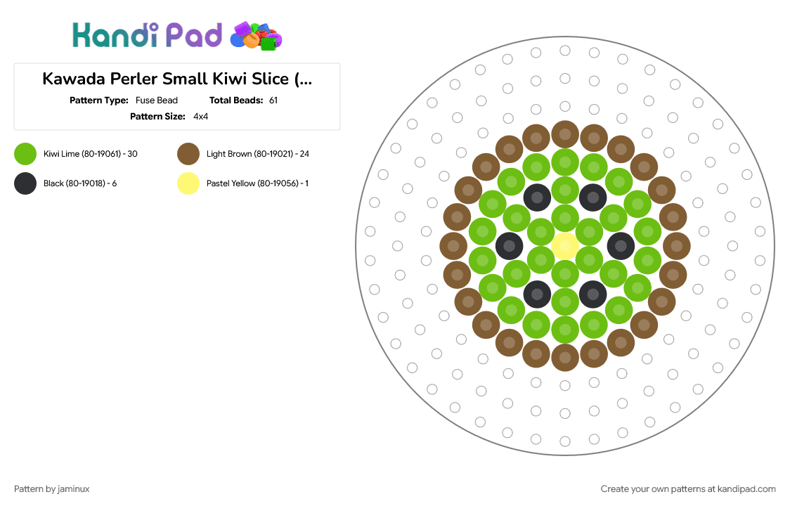 Kawada Perler Small Kiwi Slice (Circle Pegboard) - Fuse Bead Pattern by jaminux on Kandi Pad - easy, food, fruit, fuse beads, green, simple, tan