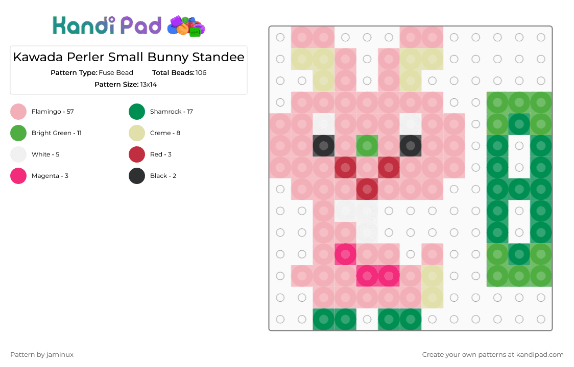Kawada Perler Small Bunny Standee - Fuse Bead Pattern by jaminux on Kandi Pad - green,beige,tiny,mini,animal,3d,rabbit,pink,pet