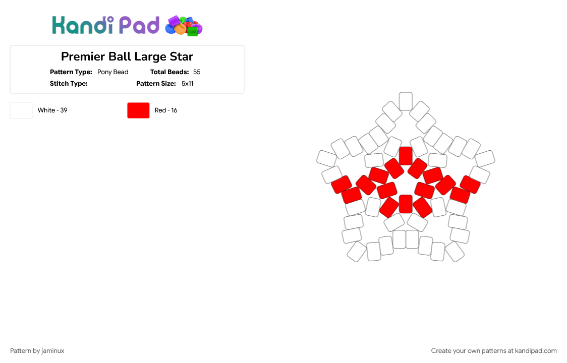 Premier Ball Large Star - Pony Bead Pattern by jaminux on Kandi Pad - beginner, easy, gaming, keychain, poke ball, pokemon, pony beads, red, white