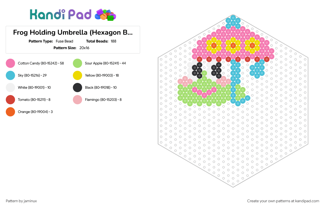 Frog Holding Umbrella (Hexagon Board) - Fuse Bead Pattern by jaminux on Kandi Pad - animal, cute, fuse bead, green, kawaii, light blue, perler, pink, rain