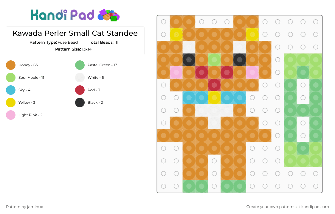 Kawada Perler Small Cat Standee - Fuse Bead Pattern by jaminux on Kandi Pad - orange,teal,tiny,mini,animal,pet,3d