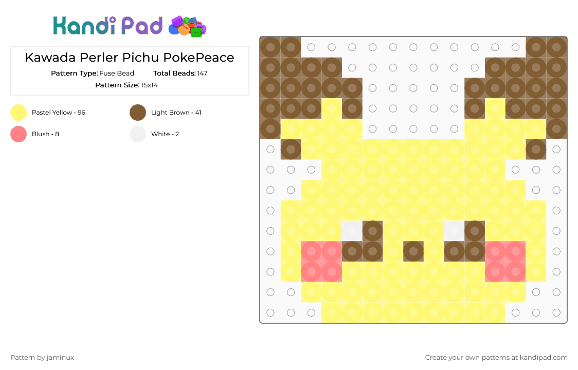 Kawada Perler Pichu PokePeace - Fuse Bead Pattern by jaminux on Kandi Pad - yellow,pokemon,pkmn,small