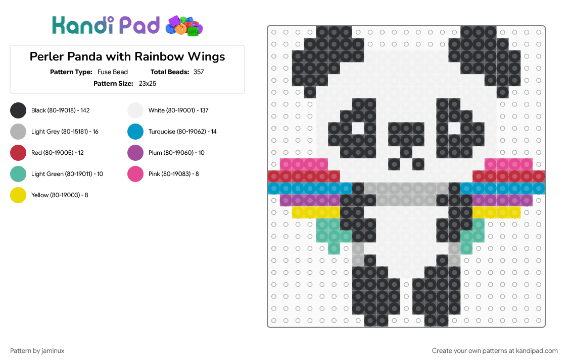 Perler Panda with Rainbow Wings - Fuse Bead Pattern by jaminux on Kandi Pad - animal, bear, colorful, colourful, cute, fuse beads, light blue, nature, pink, rainbows, white