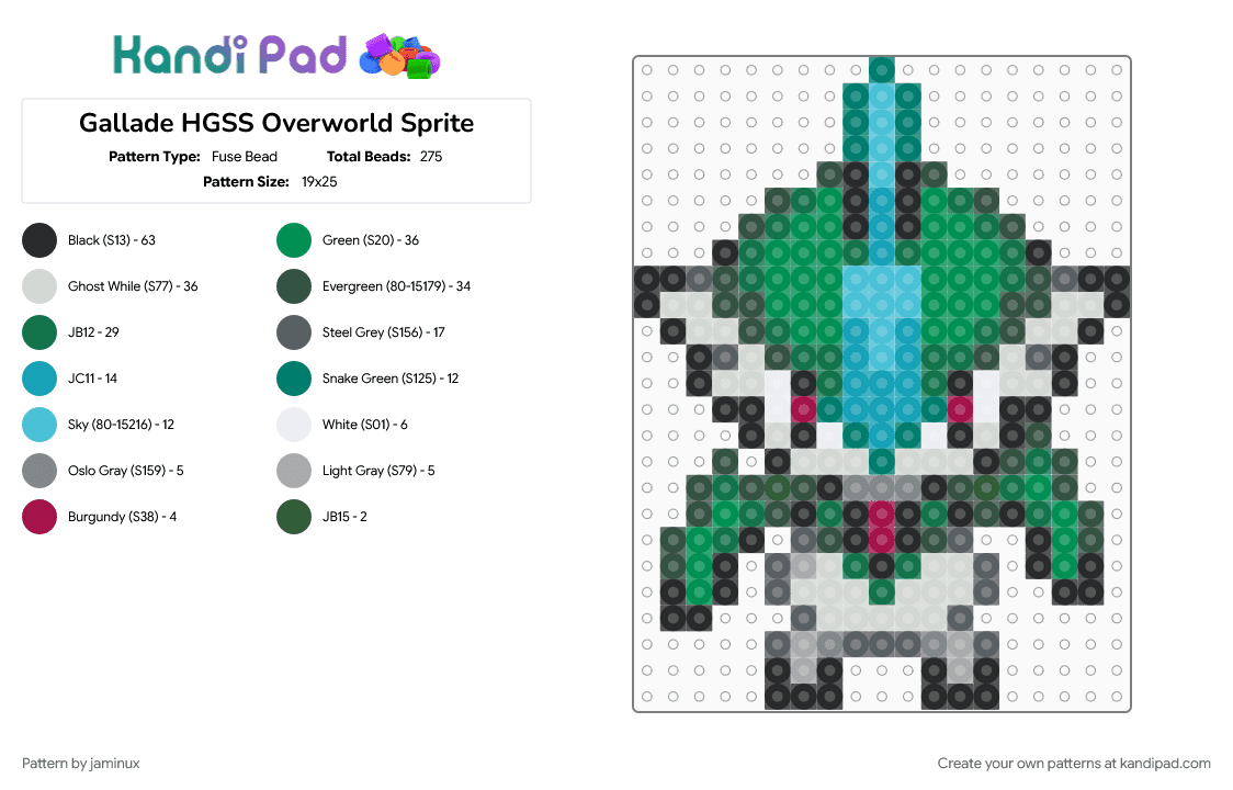 Gallade HGSS Overworld Sprite - Fuse Bead Pattern by jaminux on Kandi Pad - character, fuse beads, gaming, gray, green, nintendo, perler, pokemon, small, teal
