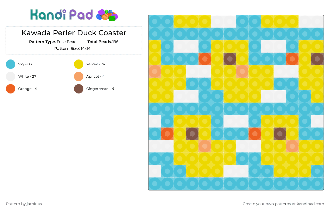 Kawada Perler Duck Square - Fuse Bead Pattern by jaminux on Kandi Pad - light blue,yellow,small,animal