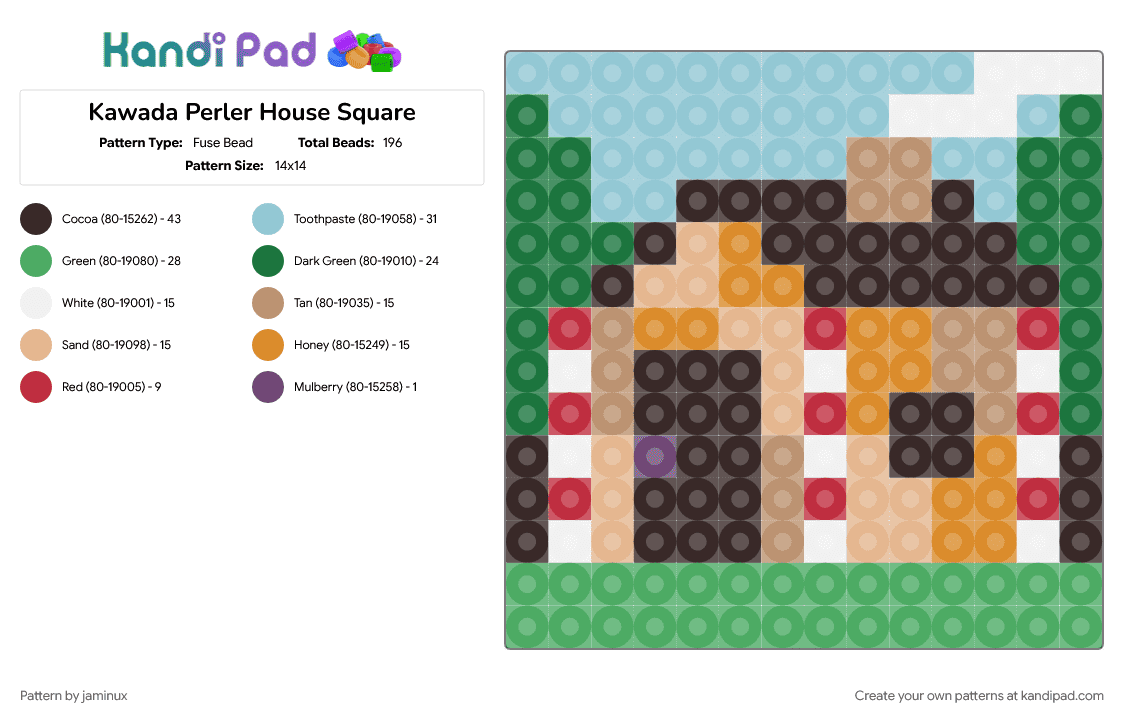 Kawada Perler House Square - Fuse Bead Pattern by jaminux on Kandi Pad - beige, brown, coaster, green, light blue, small