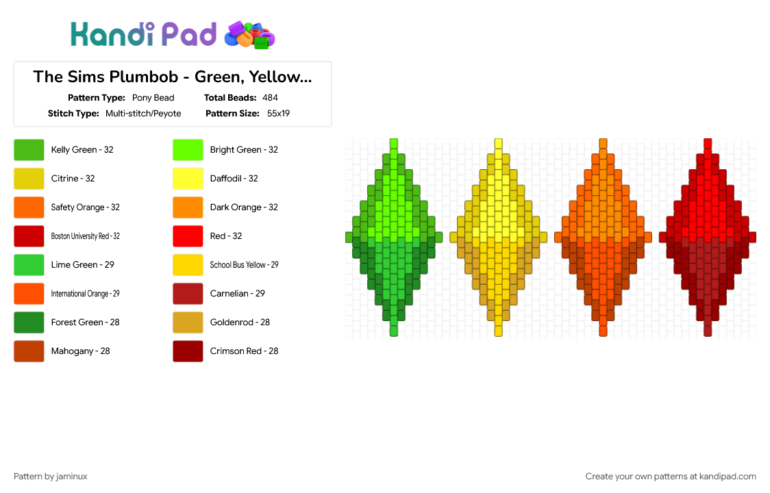 The Sims Plumbob - Green, Yellow, Orange, Red - Pony Bead Pattern by jaminux on Kandi Pad - crystal, diamond, gaming, green, orange, panel, peyote, red, video game