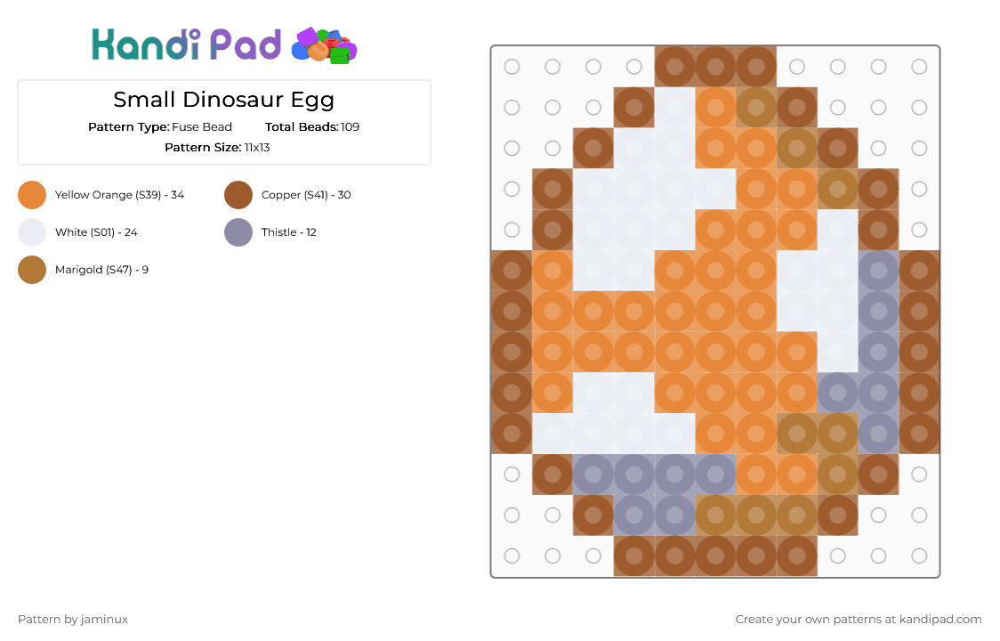 Small Dinosaur Egg - Fuse Bead Pattern by jaminux on Kandi Pad - tan,orange,dino,dinos