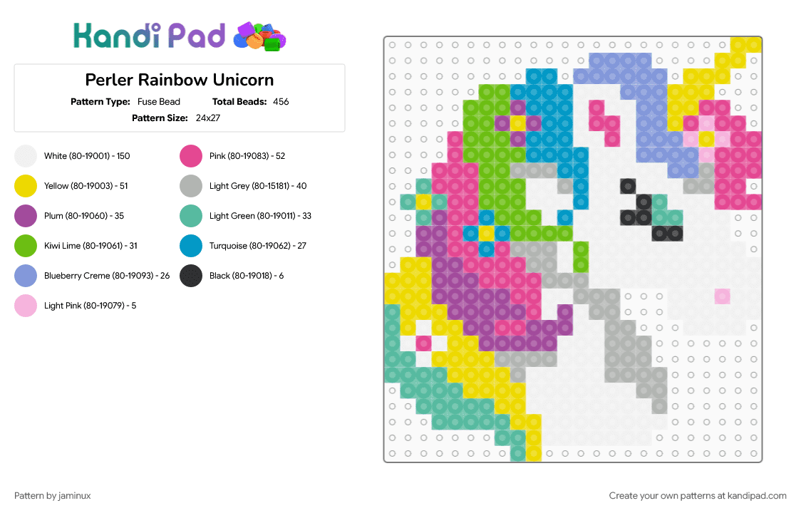 Perler Rainbow Unicorn - Fuse Bead Pattern by jaminux on Kandi Pad - colorful, colourful, cute, fantasy, fuse beads, horse, light blue, pink, pony, rainbows, yellow