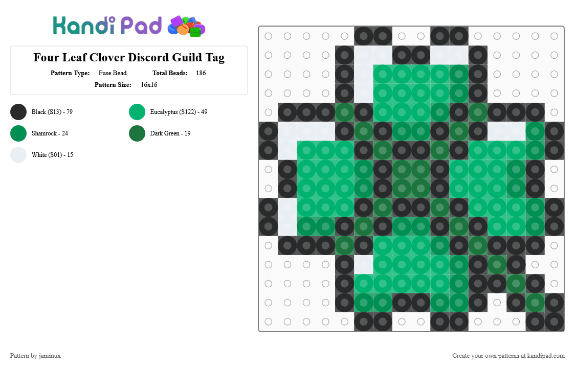 Four Leaf Clover Discord Guild Badge Icon - Fuse Bead Pattern by jaminux on Kandi Pad - green,shamrock,nature