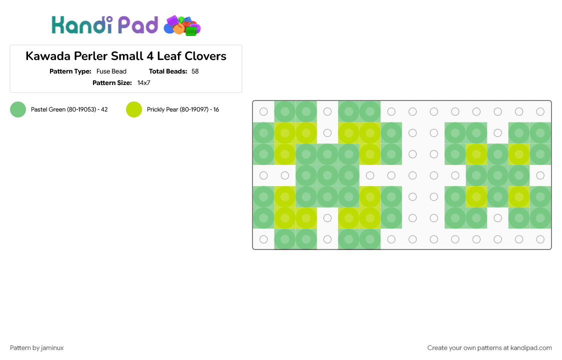 Kawada Perler Small 4 Leaf Clovers - Fuse Bead Pattern by jaminux on Kandi Pad - green, pastel, plant, teal, tiny