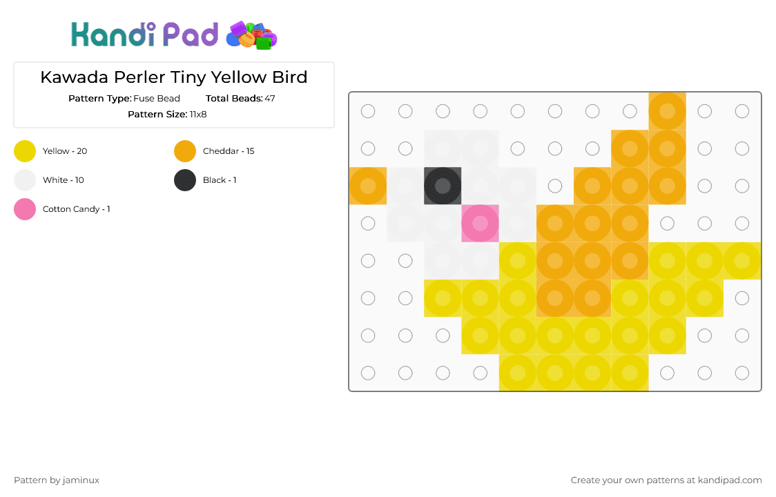 Kawada Perler Tiny Yellow Bird - Fuse Bead Pattern by jaminux on Kandi Pad - yellow,orange,small,mini,nature,animal